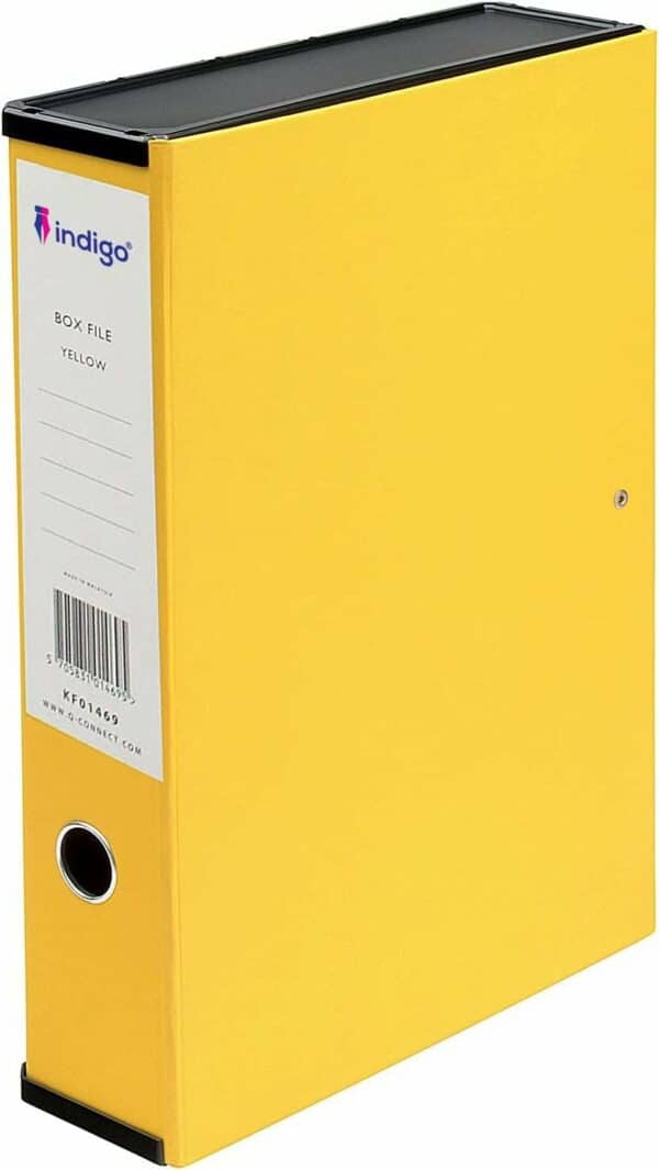 indigo® paperoffice foolscap classic box files with 75mm spine lock paper over board colourful pack (pack 3, assorted)