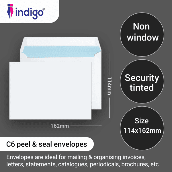 indigo c6 white peel seal envelopes (114 x 162 mm) pack of 50