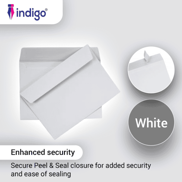 indigo c6 white peel seal envelopes (114 x 162 mm) pack of 50