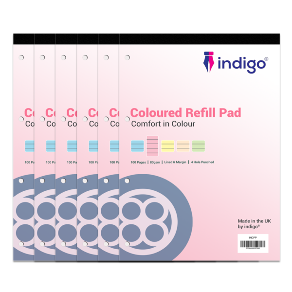 indigo® dyslexia pad a4 coloured 8mm lined & margin (blue) pack of 6